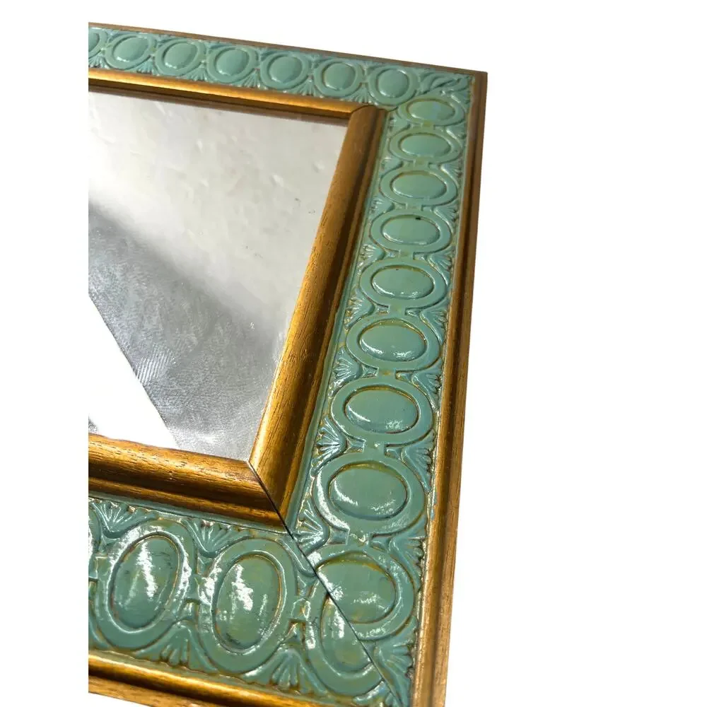 40's-50' vintage wall handing mirror pastel mint green verdigris embossed wooden
